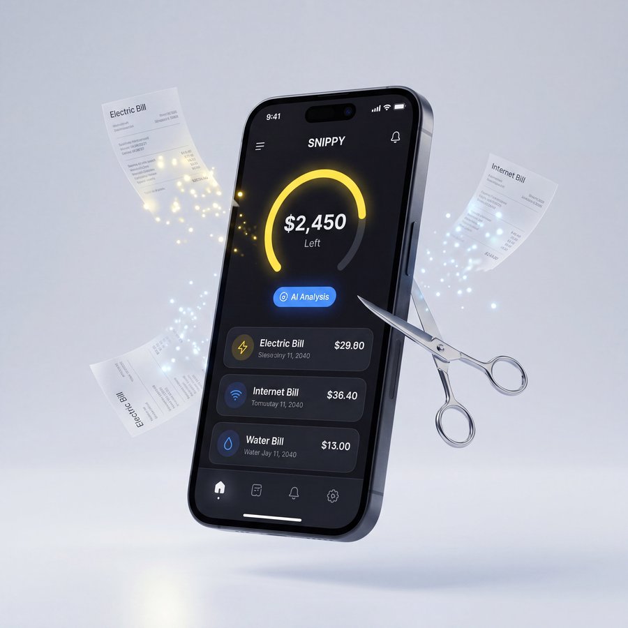 Snippy app showing monthly bills, balance remaining, and AI-powered savings insights